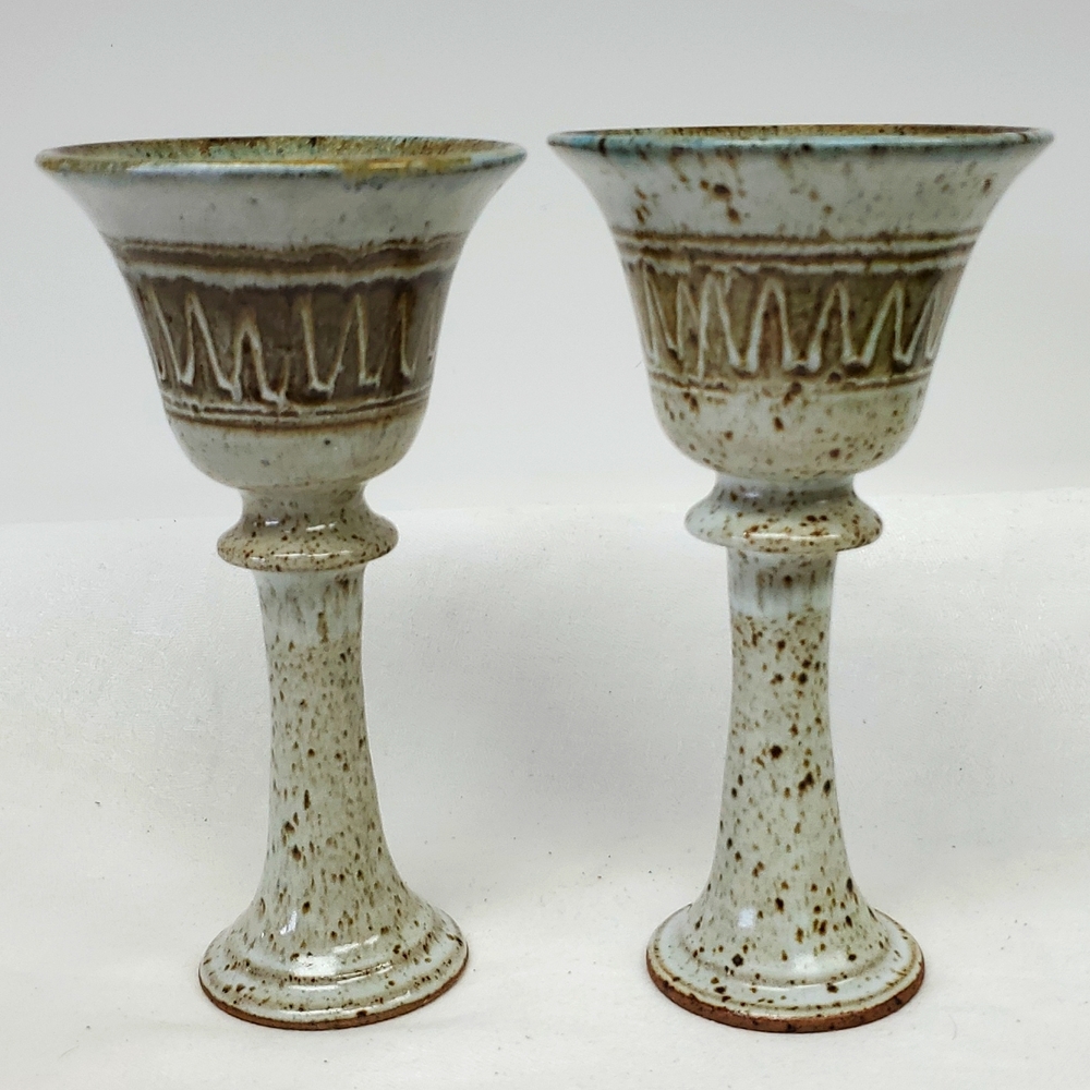 Studio art pottery handmade set of 2 signed stoneware wine/water goblets